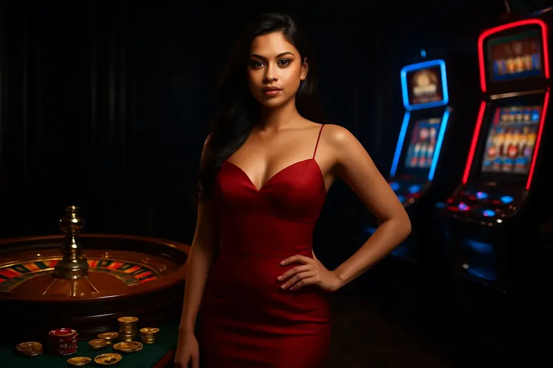 Beautiful woman in red dress standing near roulette and slot machines in a luxury Bangladesh casino with neon accents and gold coins