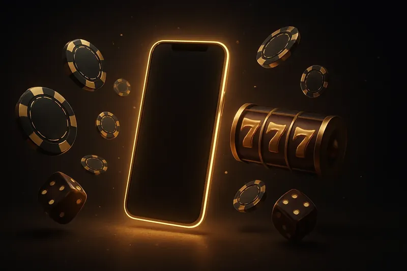 Glowing smartphone surrounded by casino chips, slot reels, and dice with gold accents on dark background